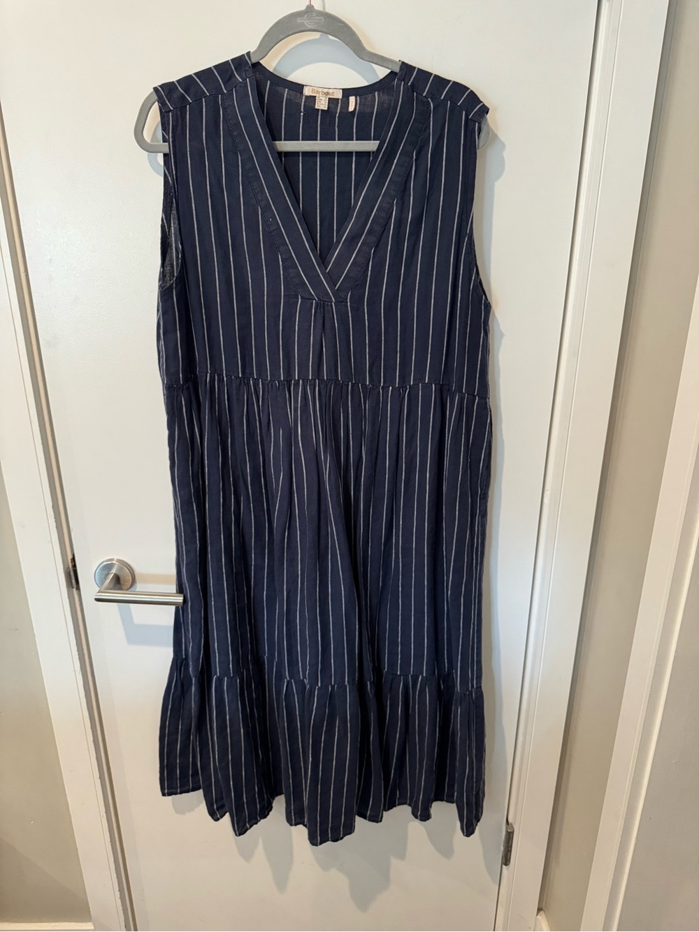 Barbour Navy Blue Pinstripe Linen Sleeveless Midi Dress Size 12